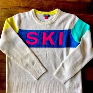 Vince Camuto White Sweater with Blue, Pink, Yellow, and Teal Accents